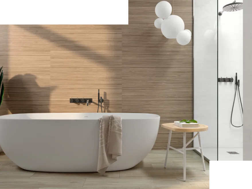 Carrelage céramique murs effet bois salle de bains