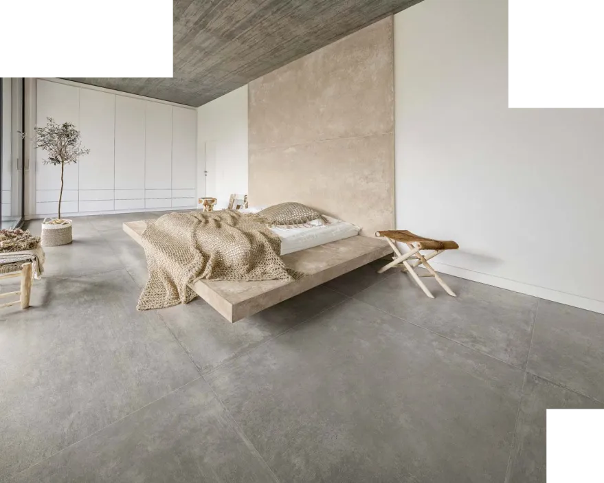 Tyles keramische tegels betonlook grijs vloer slaapkamer xxl groot formaat